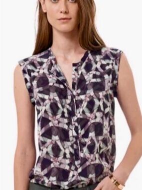 Rebecca Taylor Sleeveless Purple Geometric Silk Print Blouse